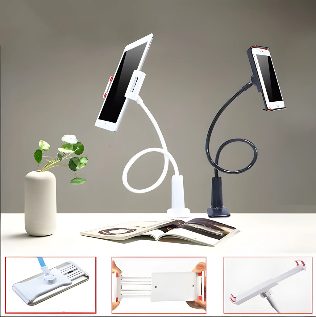 Black bedside phone mount with long flexible arm and saddle base holding a mobile phone.
