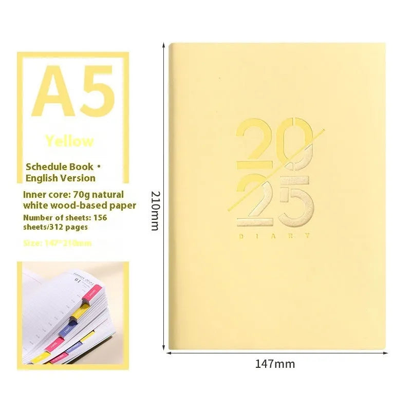 A5 2025 daily schedule book with faux leather cover in blue colour, open to show lined pages and thread binding.