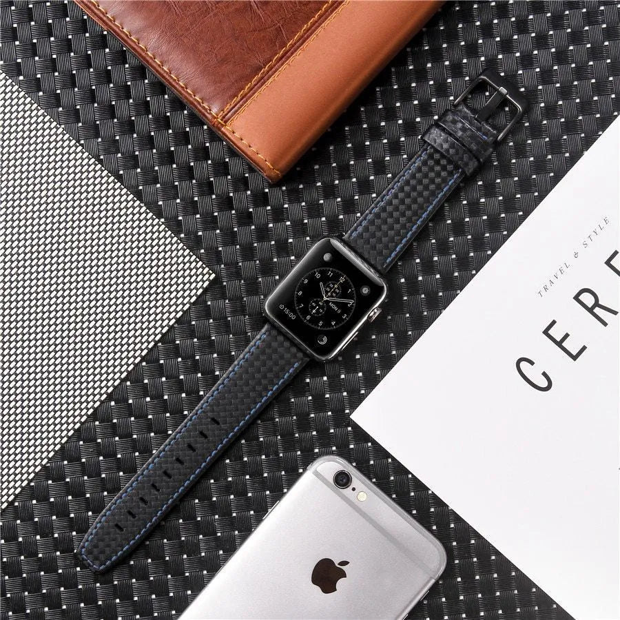Carbon fiber leather Apple Watch strap with PC hard shell case in black line colour for 42 44mm size