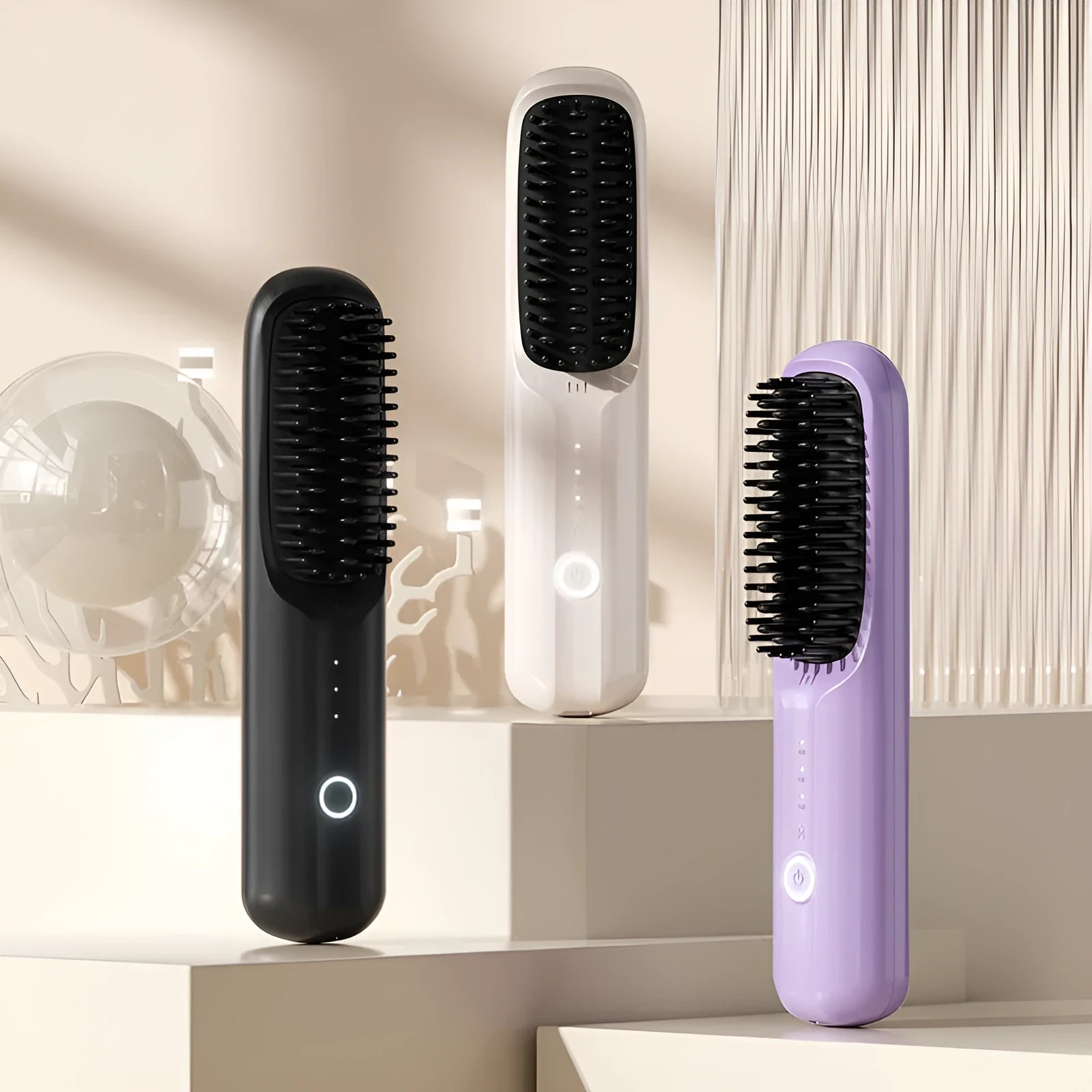 Anion wireless straight comb in beige, a cordless hair styling tool with Type-C charging port.