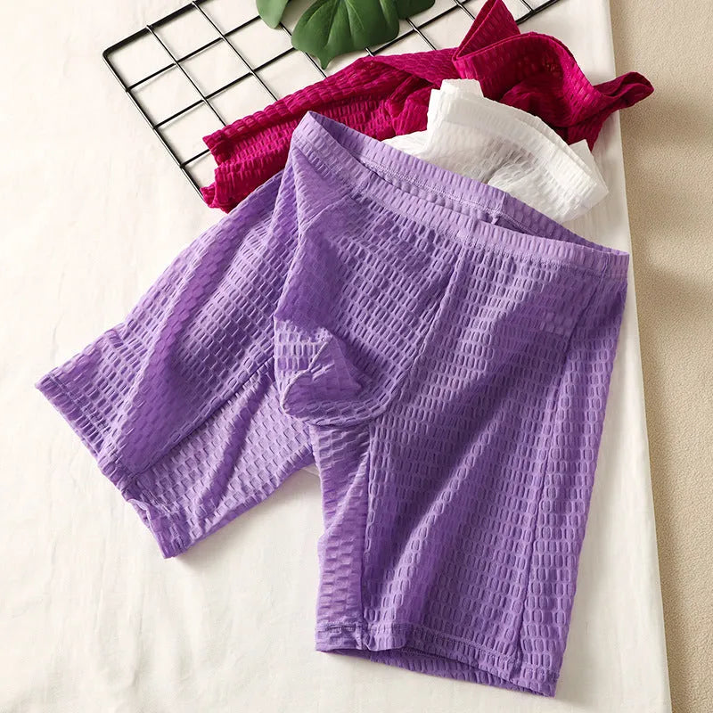 Men's lace boxer shorts in rose red colour showing shaping design