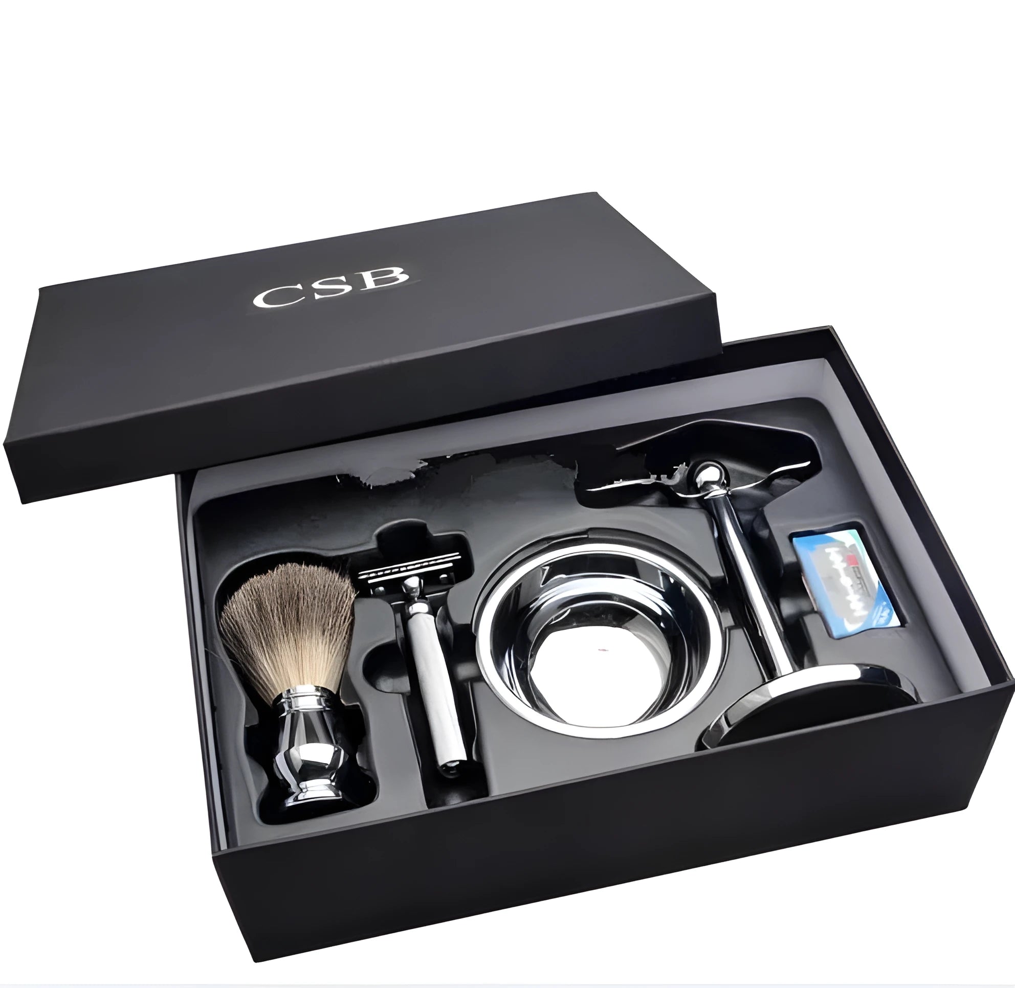 CSB men's shaving kit with badger hair brush, chrome safety razor, stand, soap bowl, and blades in a black box.