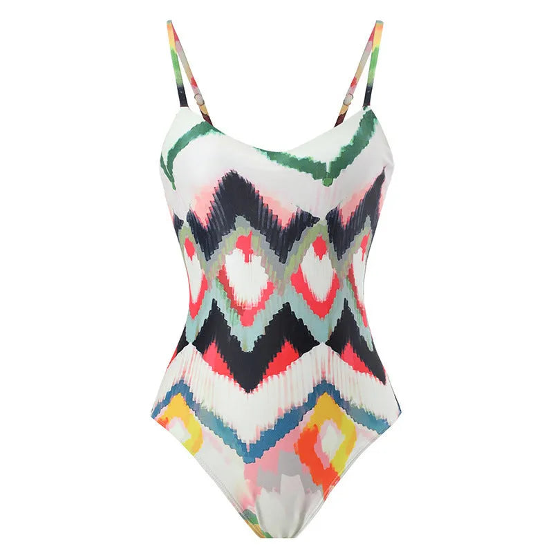 Women's striped two-piece swimsuit set with matching hip skirt on a mannequin.