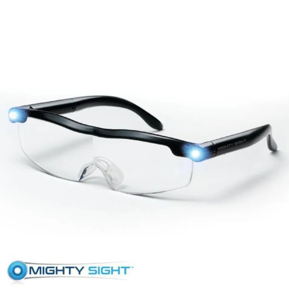 Transparent black USB LED reading glasses with built-in light on frame.