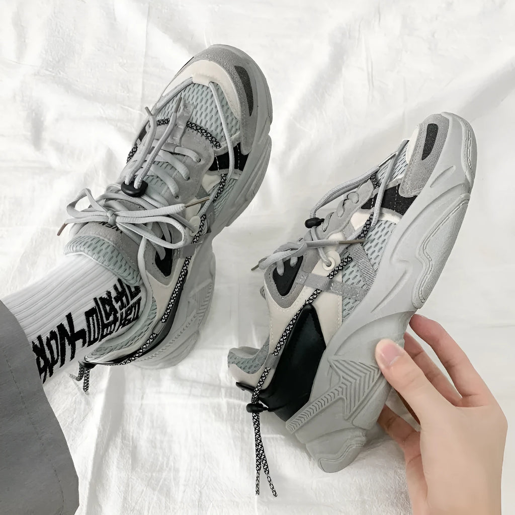 Men's white Korean-style platform dad shoes with lace-up front and mesh lining for height increase