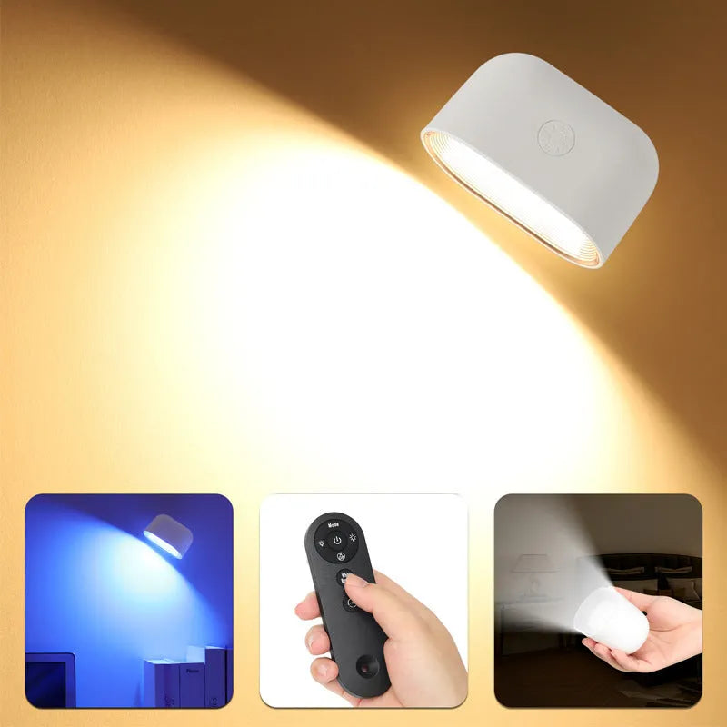 Oval white magnetic wall lamp with remote control on a plain wall.