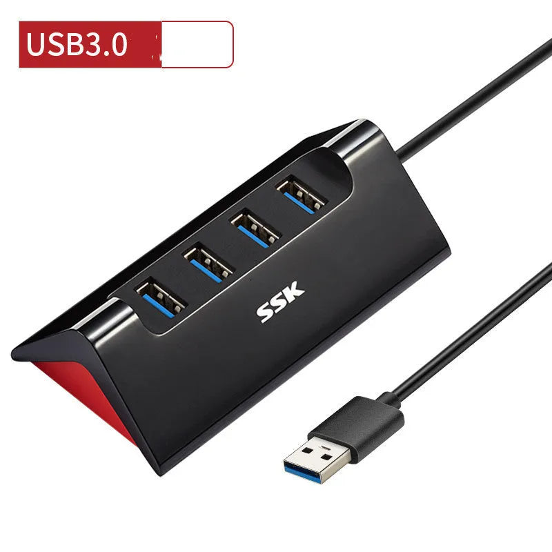 Black ABS 4-port USB expansion dock with USB 3.0 and USB 2.0 interfaces and cable