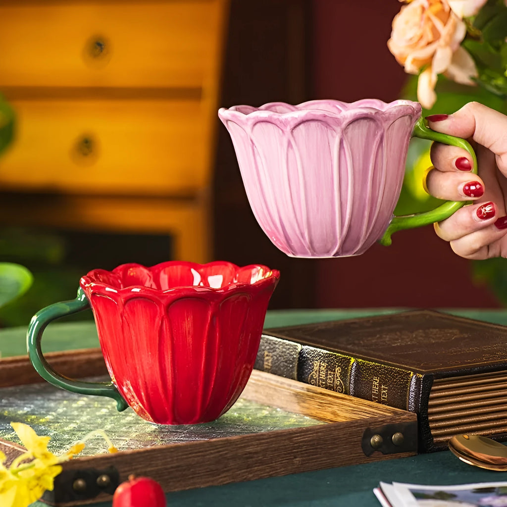 500ml pastoral style ceramic breakfast cup with a printed household flower pattern