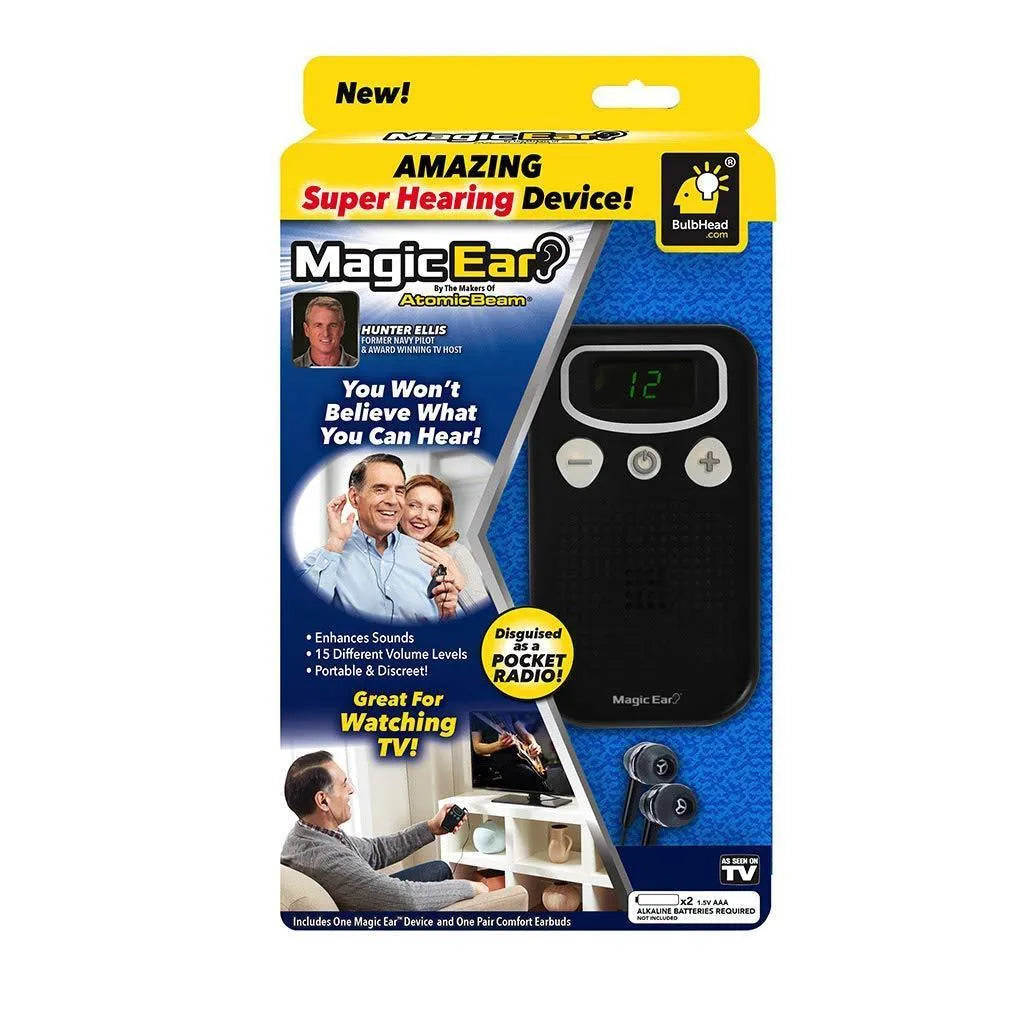 Digital display personal voice enhancer hearing aid booster in brilliant colour with handheld FM radio design