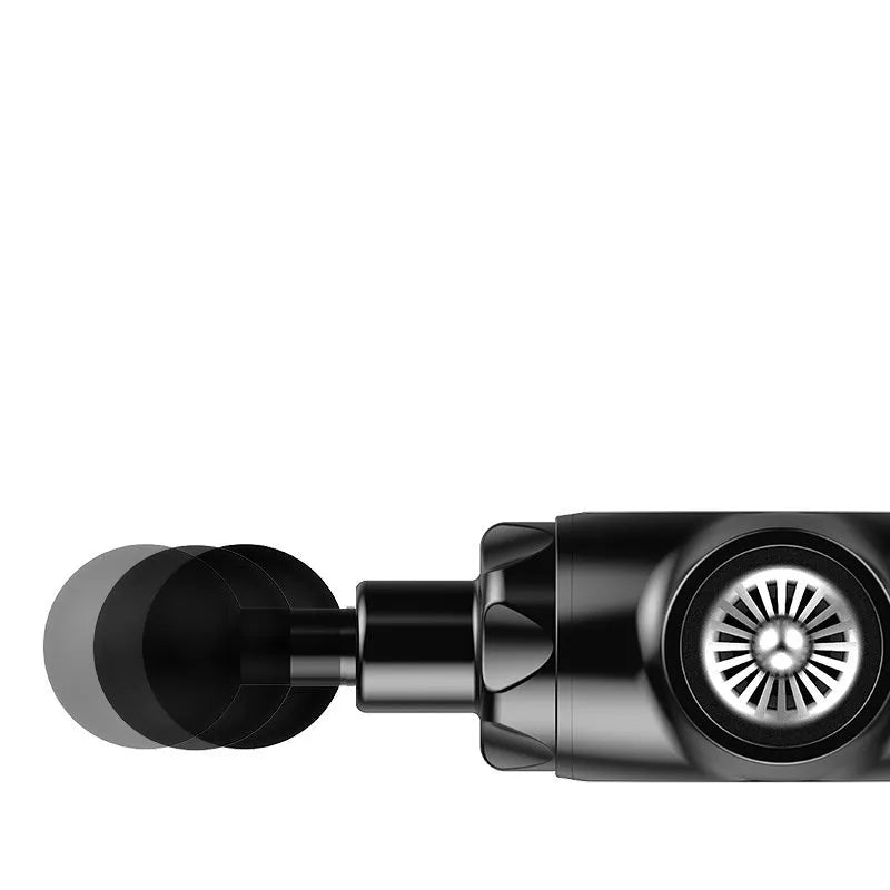 Black and white portable massage gun with variable speed control for muscle relaxation