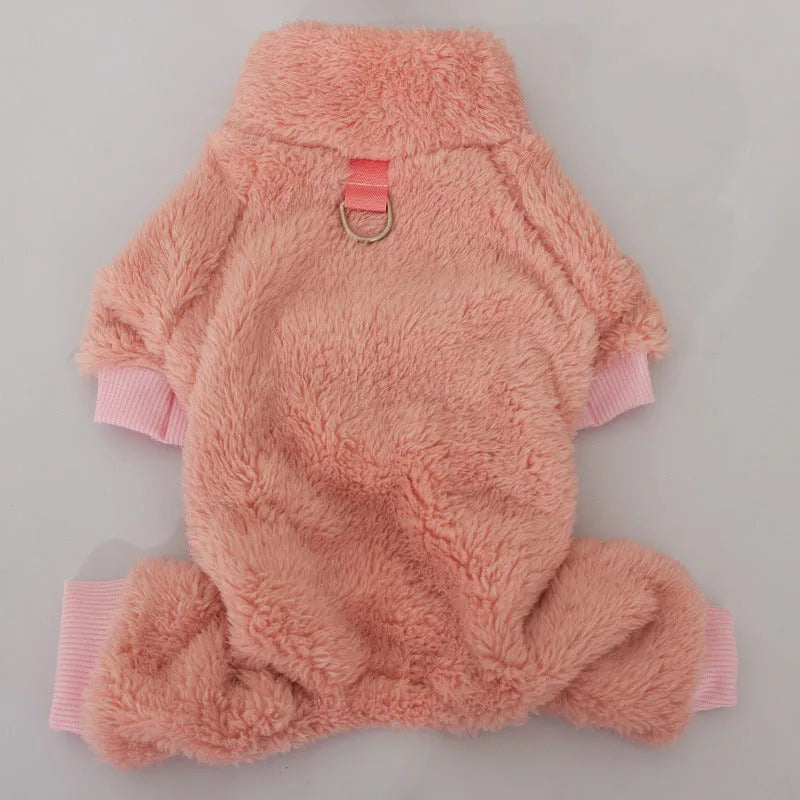 Khaki four-legged dog clothes with high collar and towing ring, made of double-sided plush cotton velvet.