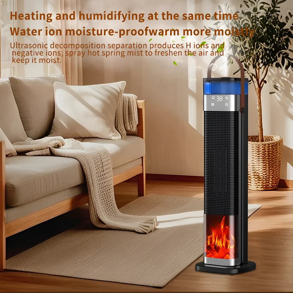 Tall, slim vertical heater in upgraded colour with remote control on a wooden floor.