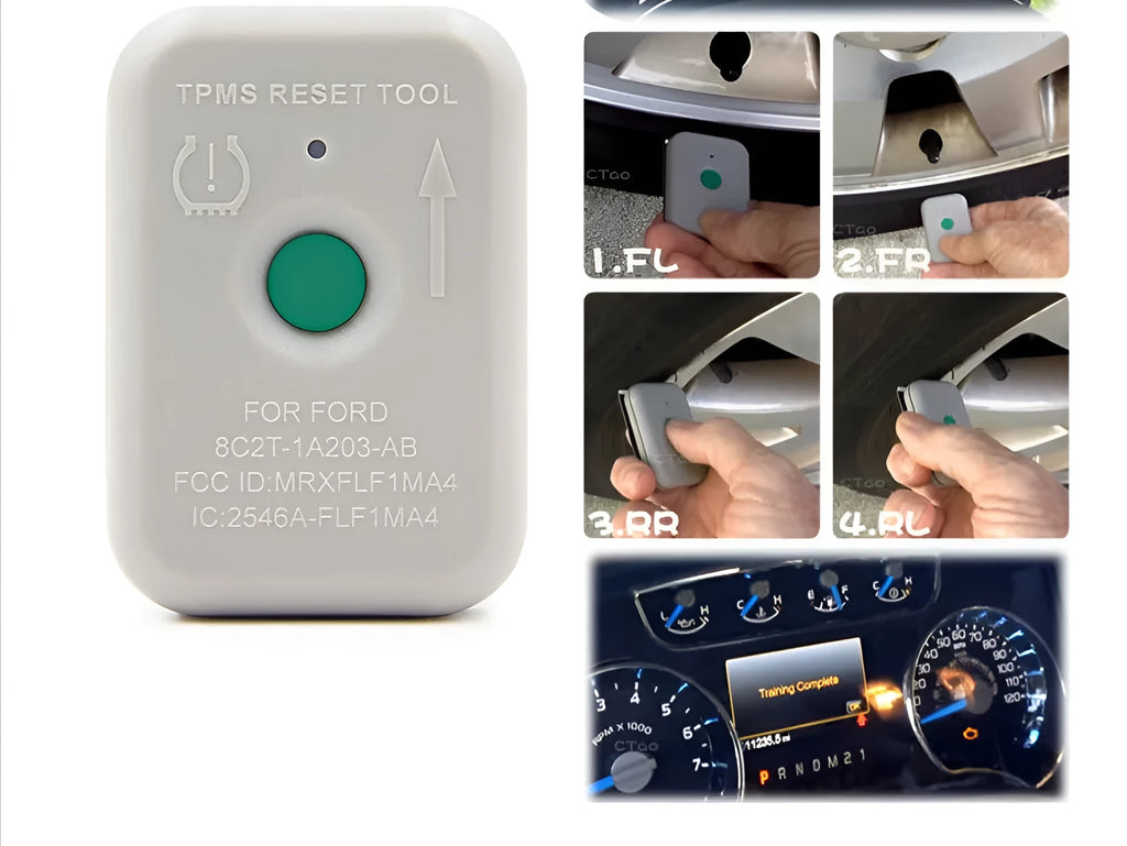 TPMS-19 TPMS activation tool for Ford, compact plastic tool approximately 5cm long, grey casing, single test button