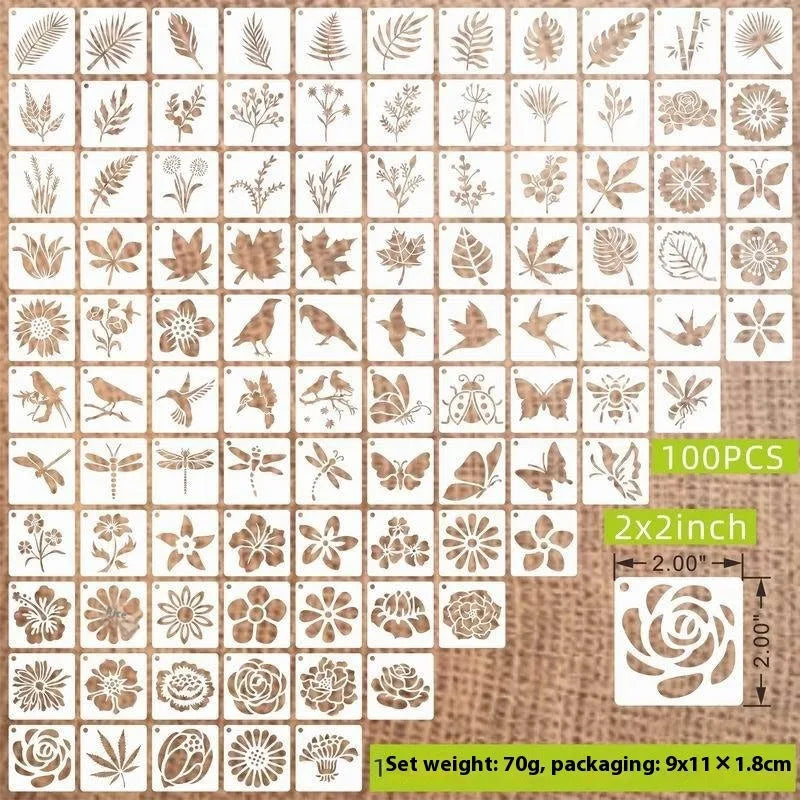 Milky white PET film 2-inch spray painting templates showing hollow cut patterns including animals, flowers, letters, and ocean themes