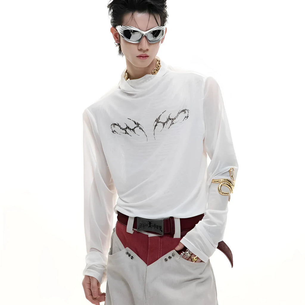 Black and white mesh ice-feel slim fit long sleeve bottoming shirt for layering