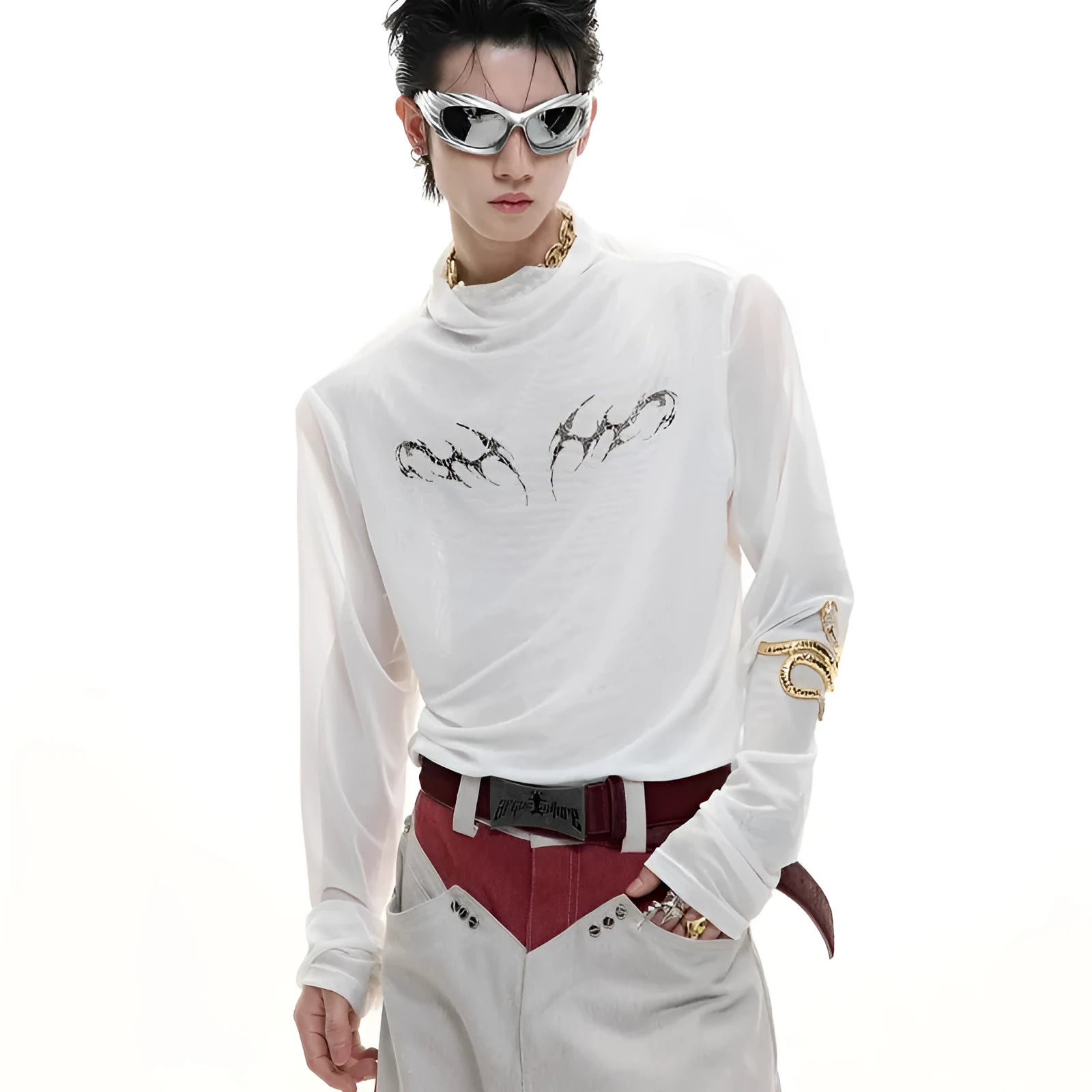 Black and white mesh ice-feel slim fit long sleeve bottoming shirt for layering
