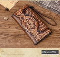 Retro brown tri-fold women's wallet with an embossed floral pattern, made from cowhide leather.
