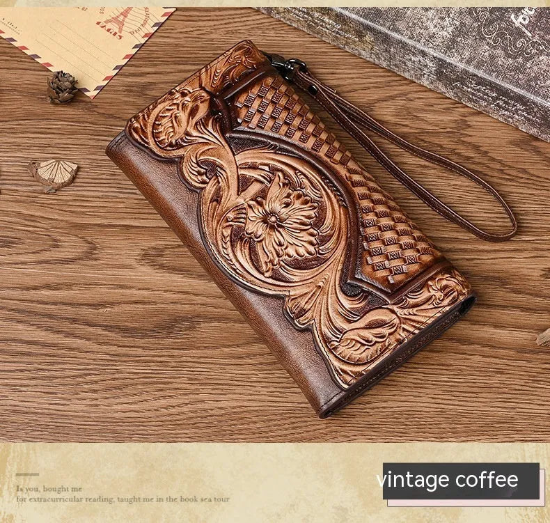 Retro brown tri-fold women's wallet with an embossed floral pattern, made from cowhide leather.