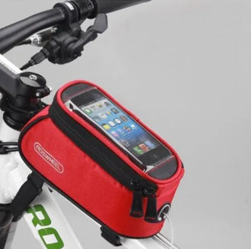 ROSWHEEL black bicycle frame bag mounted on a bike, holding a mobile phone.