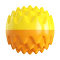 Blue and orange squeaky rubber dog ball with spiky dental cleaning bumps for aggressive chewers