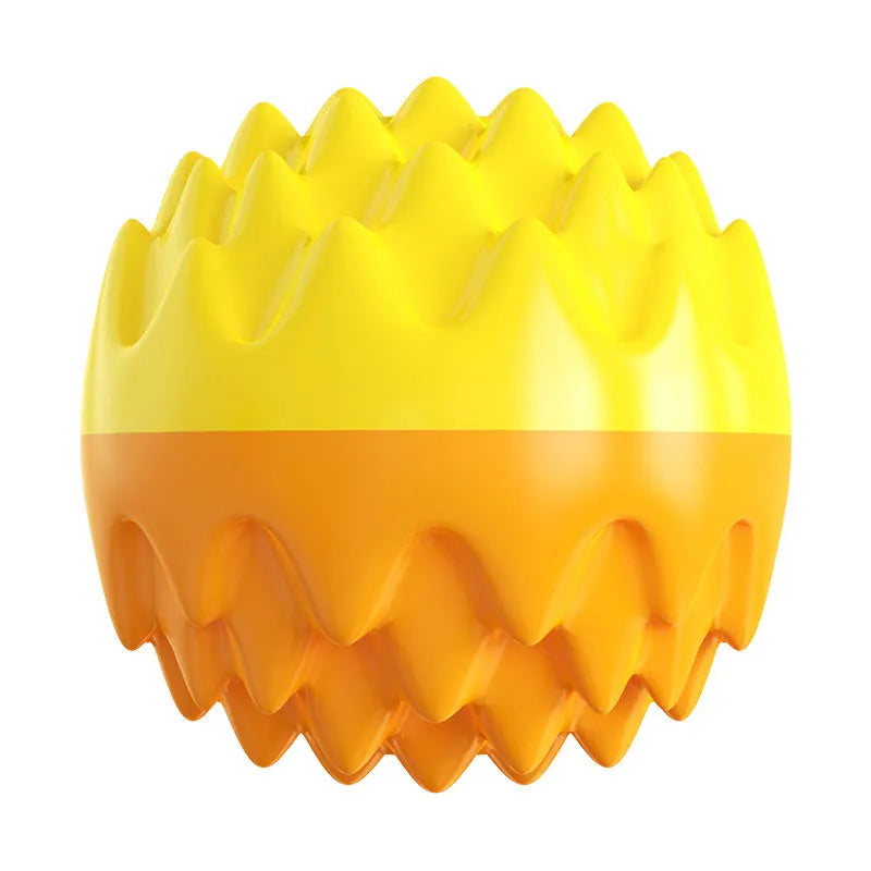 Blue and orange squeaky rubber dog ball with spiky dental cleaning bumps for aggressive chewers