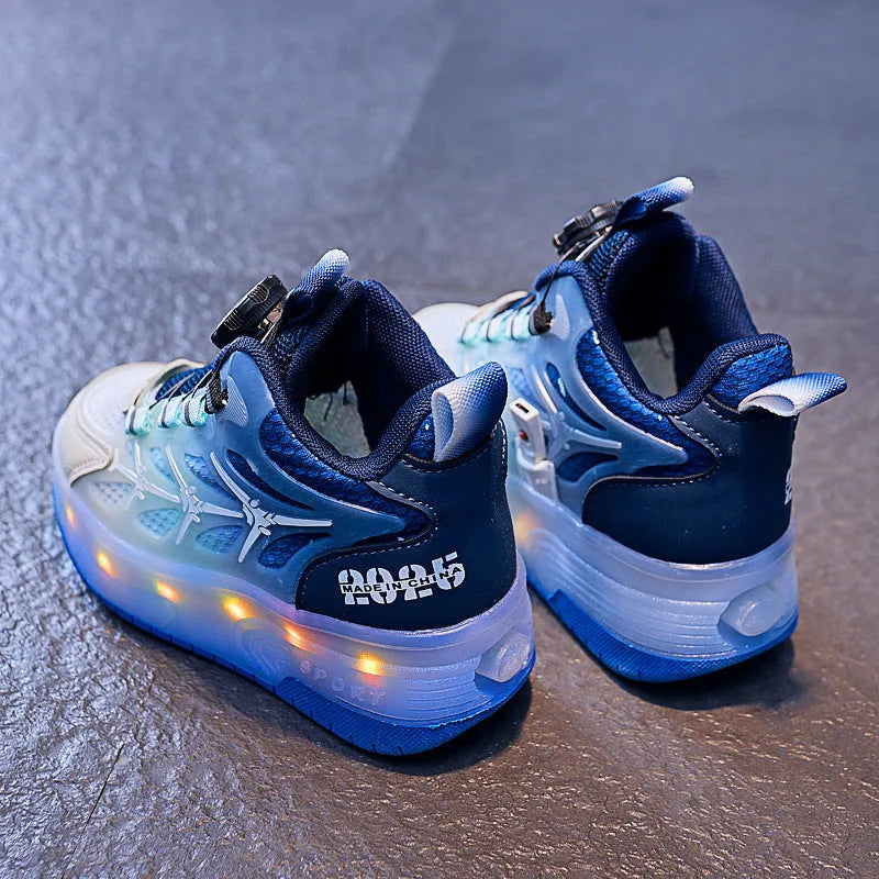 Children's striped roller skates with a knob adjustment in blue, black, and pink colour options.