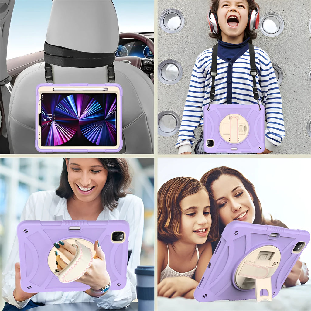 Rotating bracket silicone protective case for Apple iPad in various colours showing integrated stand.