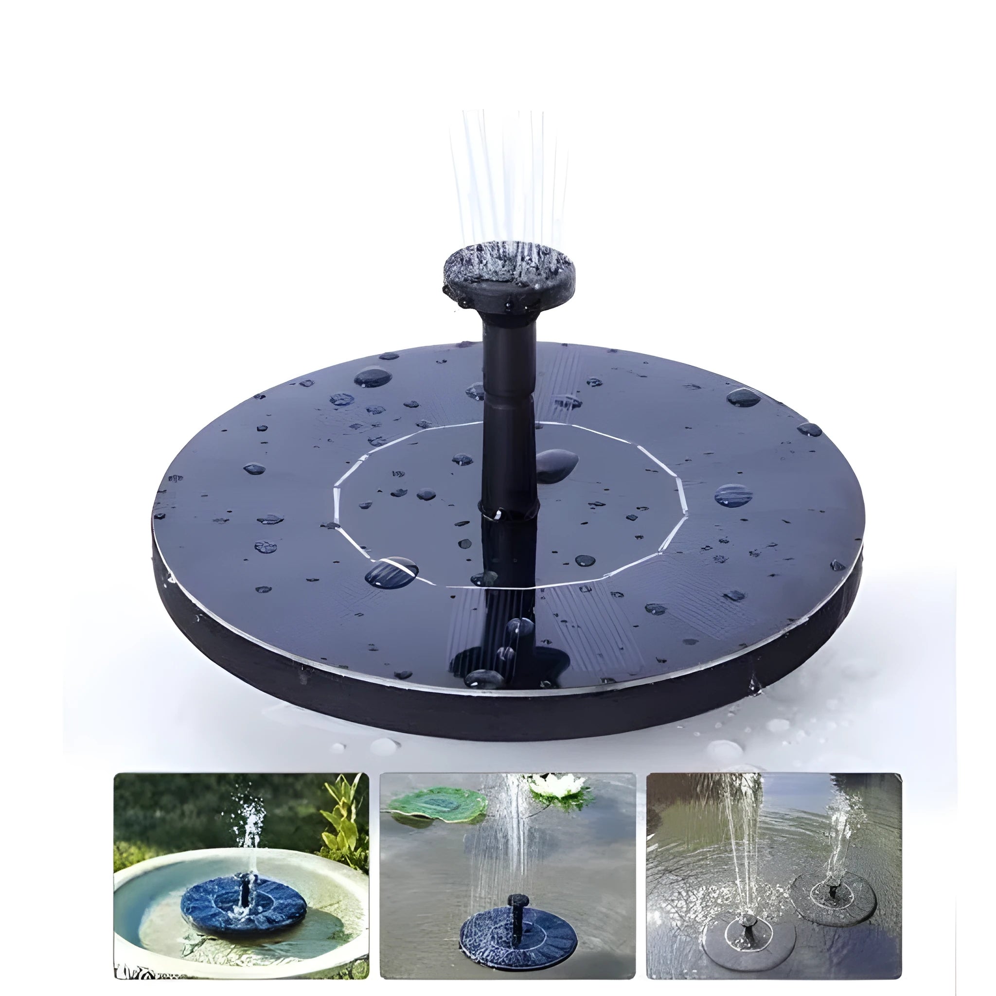 Black solar-powered floating garden fountain with multiple nozzles for birdbaths and small ponds