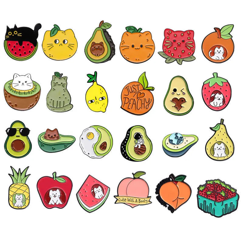 Colourful cartoon fruit and letters design on a zinc alloy metal brooch with pin clasp.
