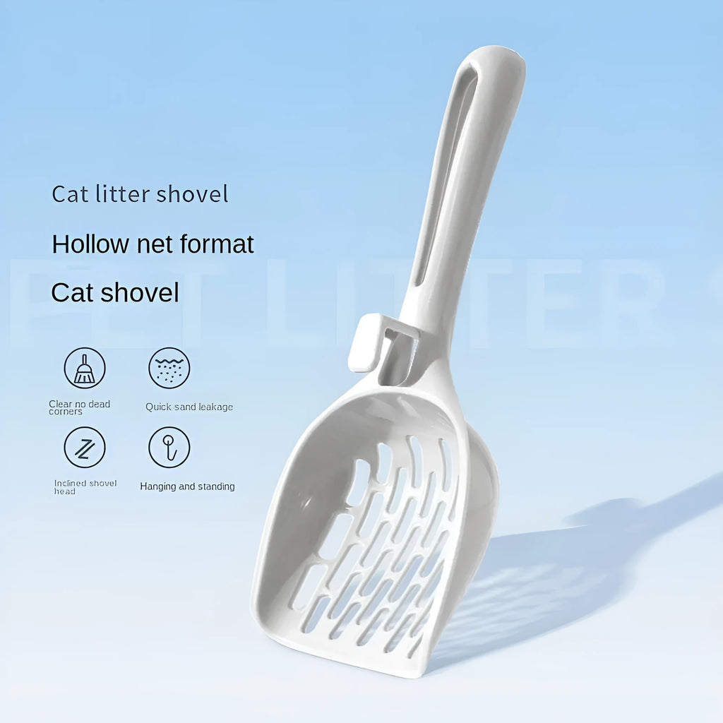 Grey plastic cat litter scoop sitting in its matching plastic storage base.