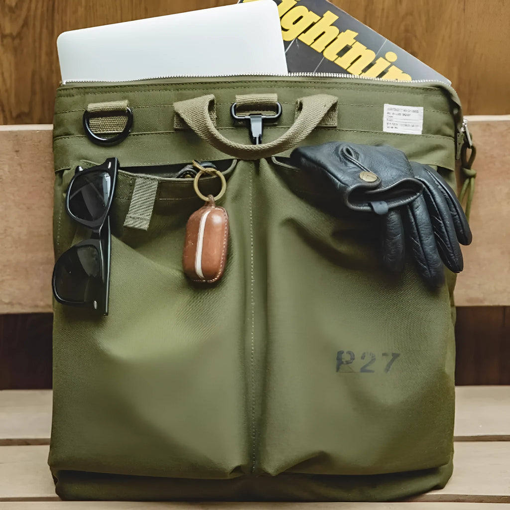 Canvas crossbody messenger bag in military green with 15 inch laptop compartment and shoulder strap