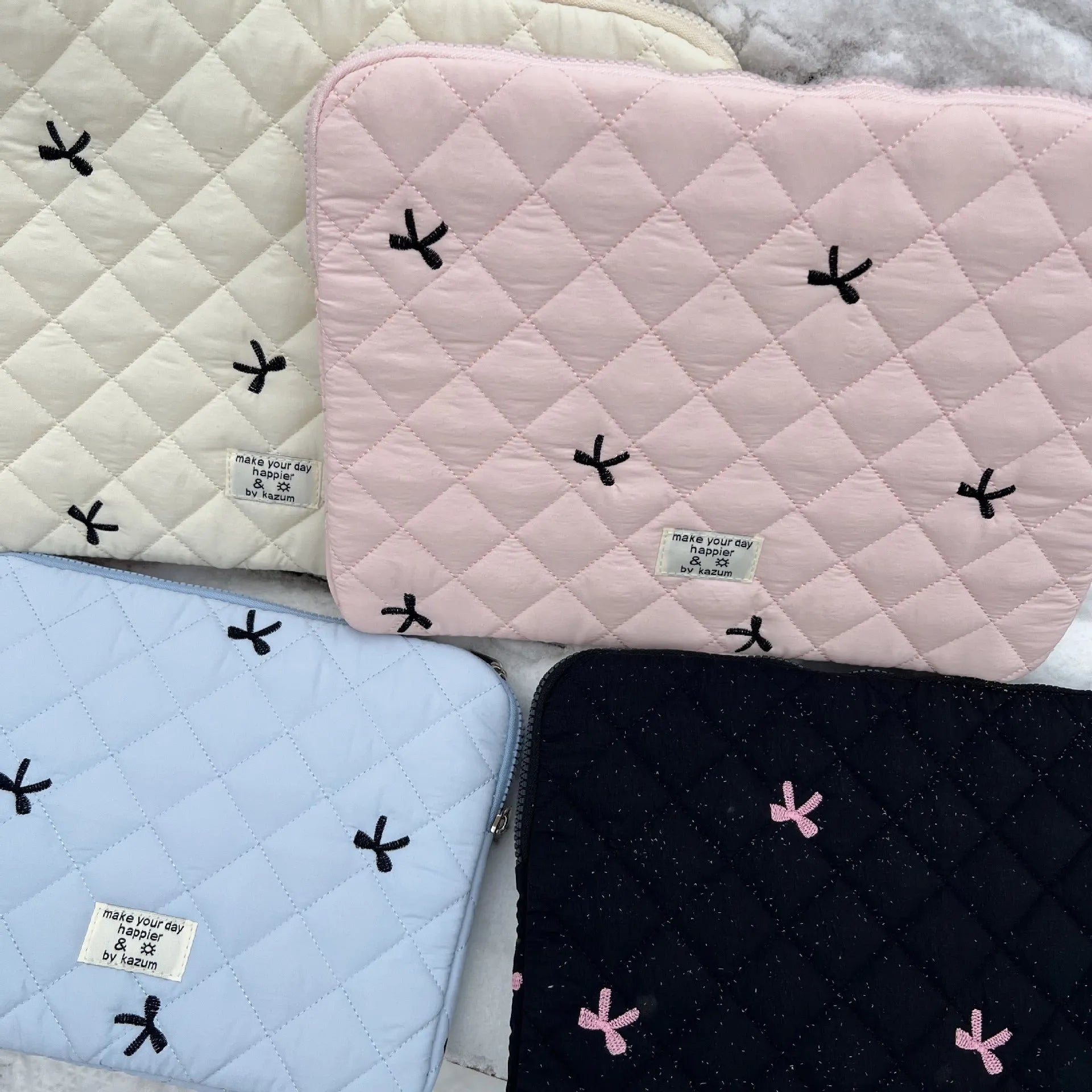 Cute rhombus embroidered bow notebook storage bag for laptop, nylon, light pink, fits 13-14 inch device
