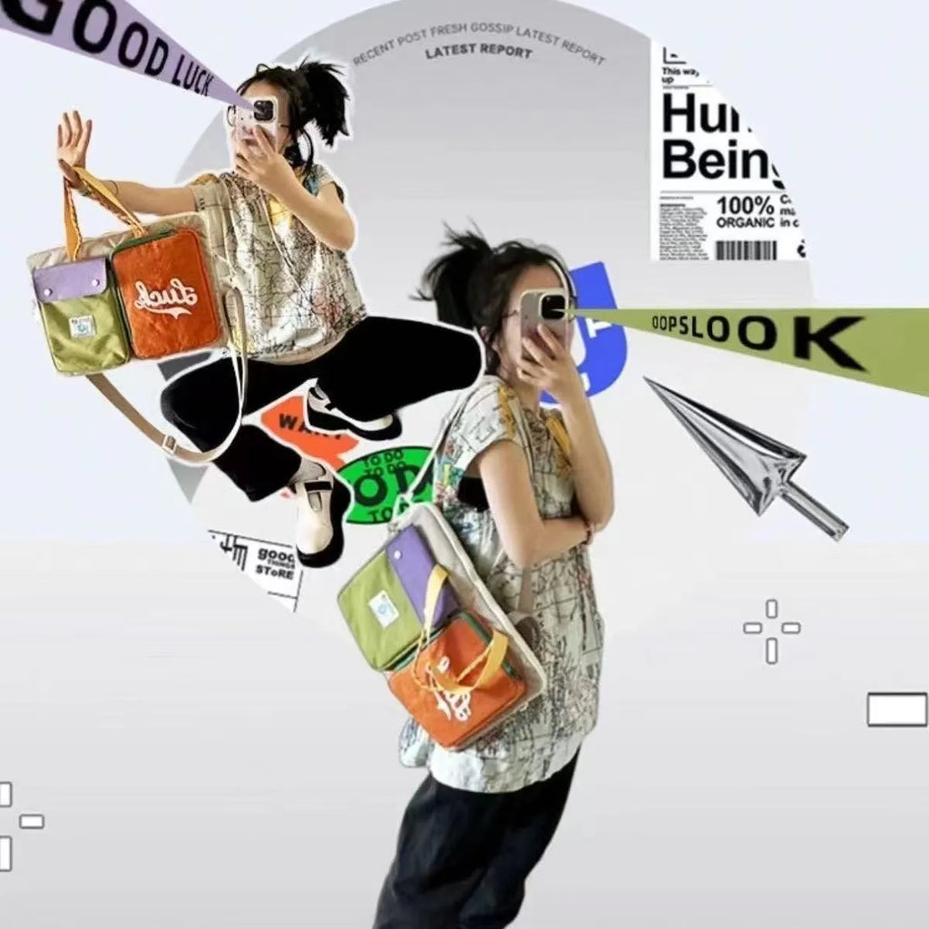 Japanese dopamine colour matching crossbody bag with grey contrast colour, waterproof nylon, and shoulder strap
