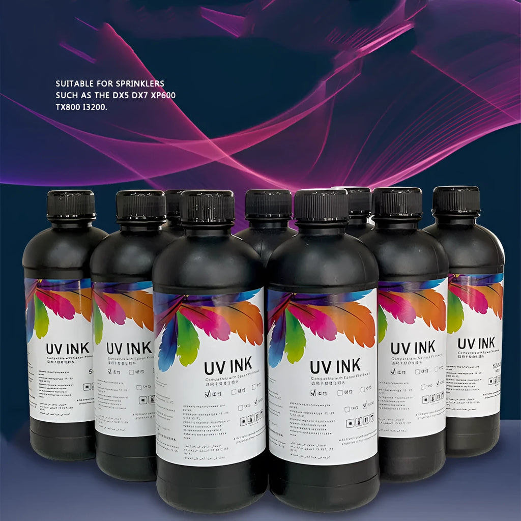 500ml bottle of Epson-compatible UV printer ink for XP600 TX800 and 5th to 7th generation printheads.