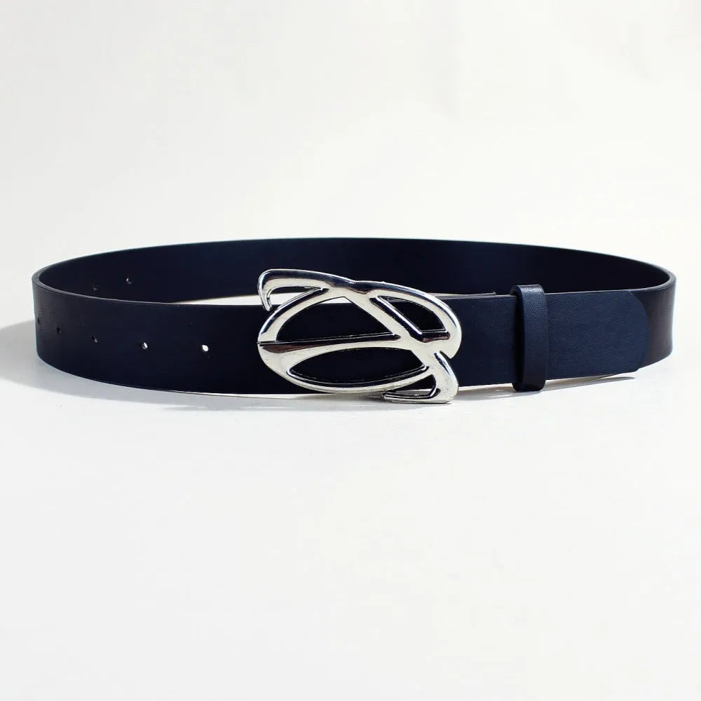 Men's silver buckle casual belt with PU leather strap, showing snap button closure.