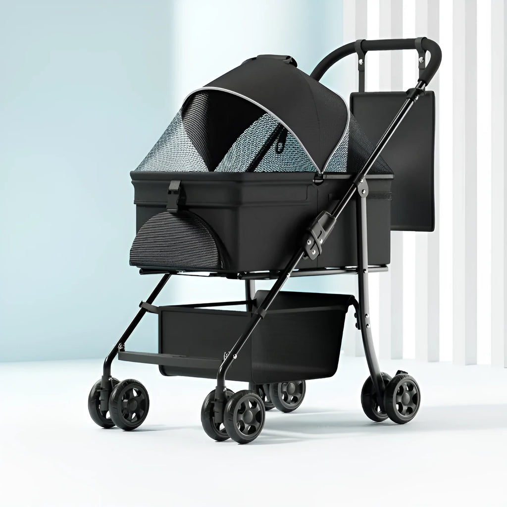 One-click folding large capacity pet cart in Black Warrior basic style with metal frame and detachable pet carrier