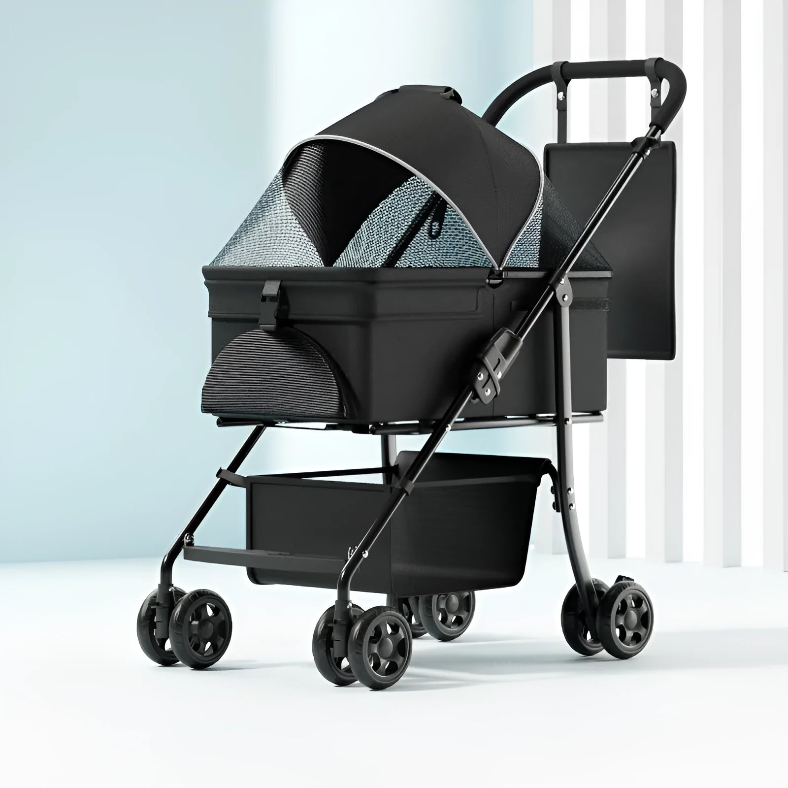 One-click folding large capacity pet cart in Black Warrior basic style with metal frame and detachable pet carrier