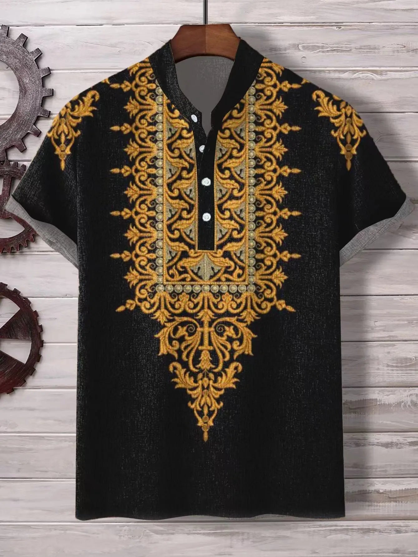 Men's loose fit striped casual shirt on a hanger, available in various colours and sizes.