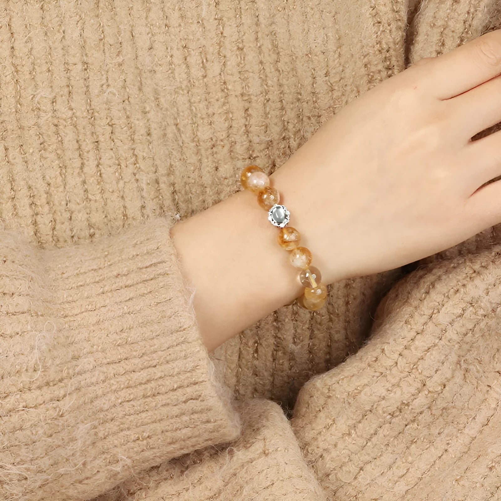 Citrine crystal geometric bracelet with 10mm beads in unisex design