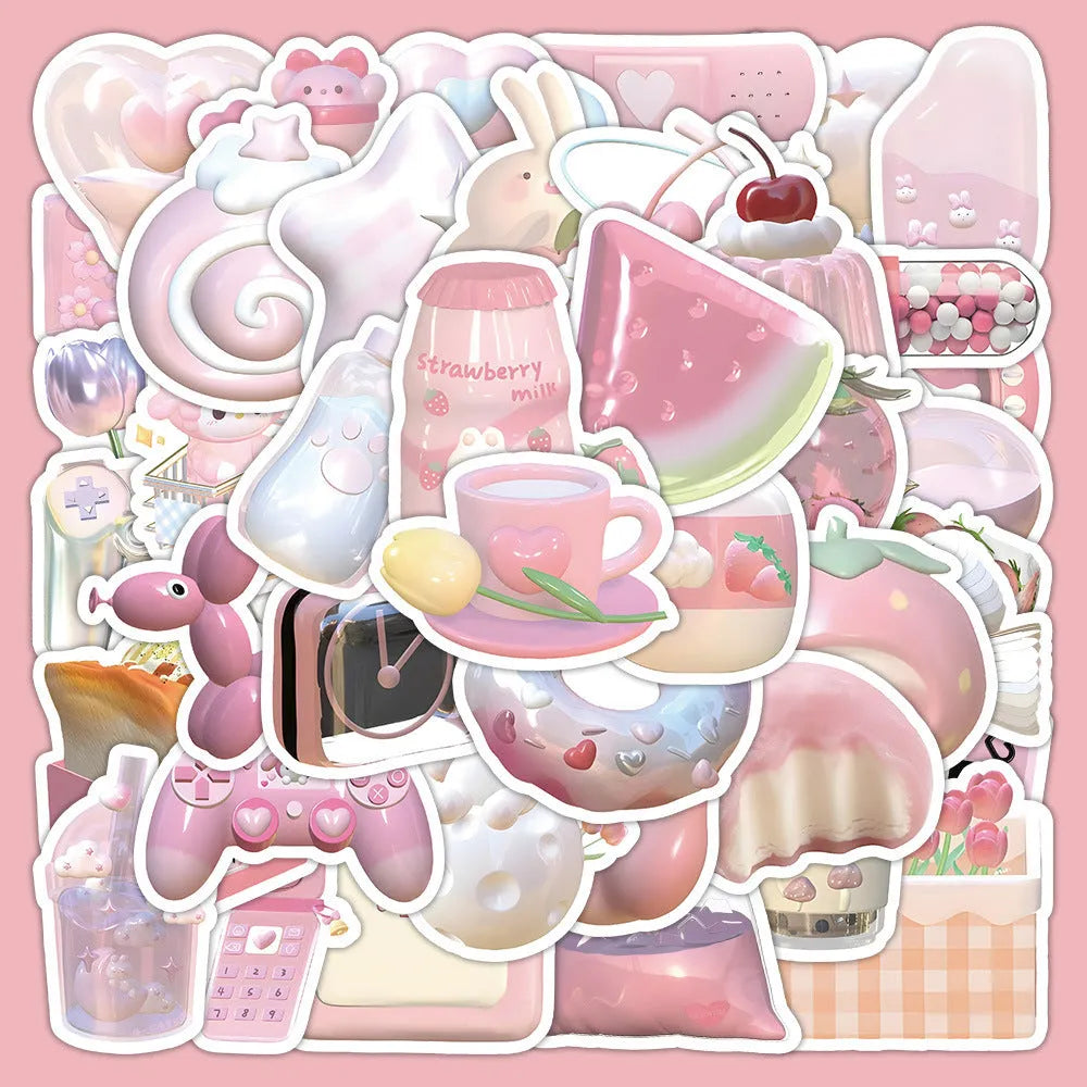 63-piece pack of 3D decorative stickers with pink girl heart patterns in cute style