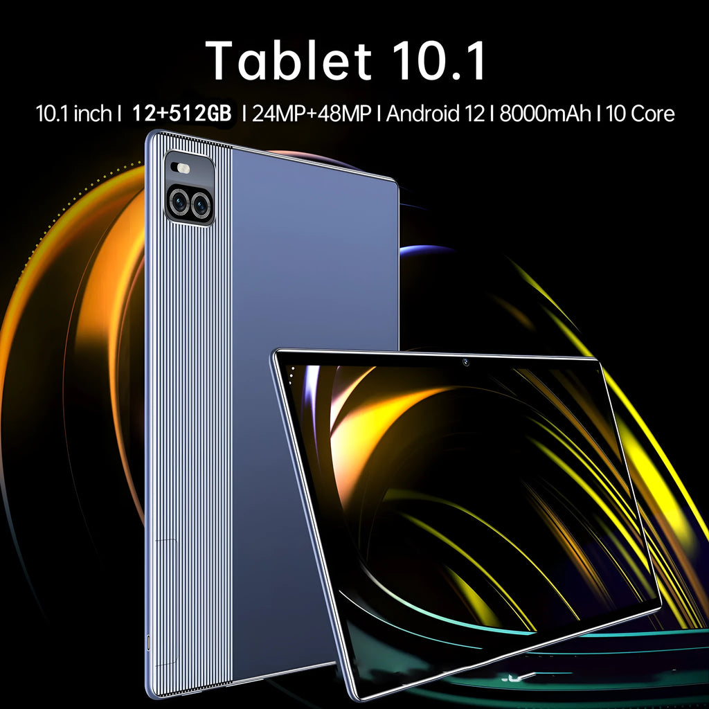 10.1 inch Voice Call HD Smart Game Tablet in gold with blue and gray colour options showing screen and front view