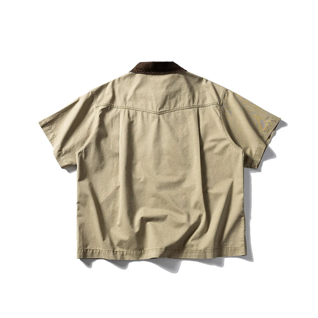 Men's khaki cotton short-sleeve overalls shirt with cardigan front and loose fit