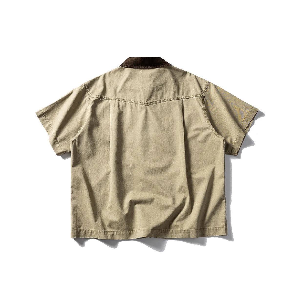 Men's khaki cotton short-sleeve overalls shirt with cardigan front and loose fit