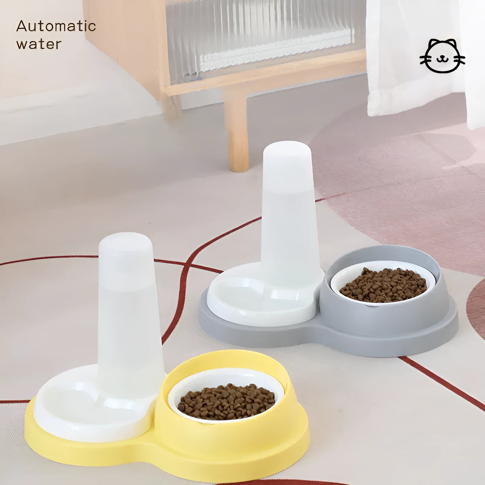 Double pet feeding bowl with raised PP body and stainless steel bowls in gray colour, 26x12x37cm