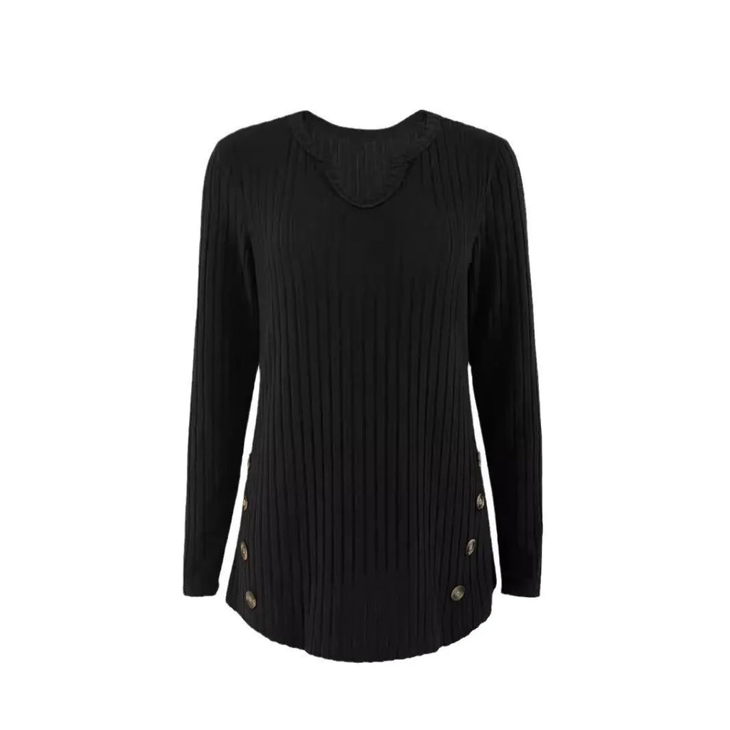 Simple solid colour casual knitted button sweater in black and grey green colour options