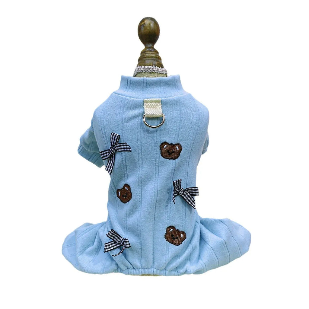 Pet belly-wrap four-legged polyester outfit in various colours including banana, Halloween, and Christmas patterns