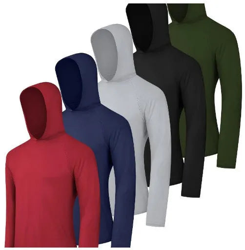 Four men's lightweight hoodies folded, showing elastic polyester fabric in a solid colour.