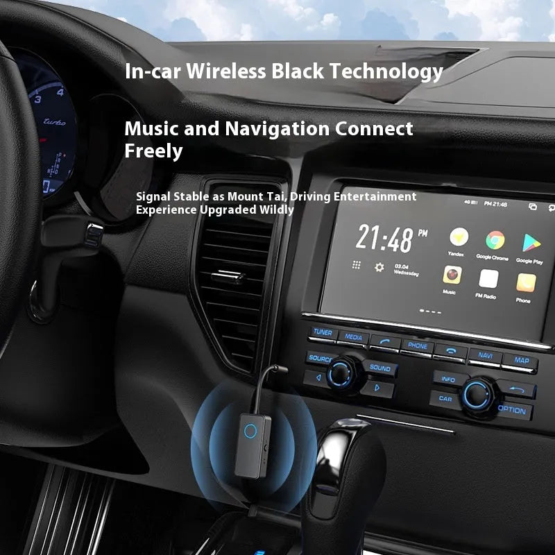 Bluetooth 5.4 audio adapter with 3.5mm plug, black ABS casing, for wireless streaming to speakers or headphones