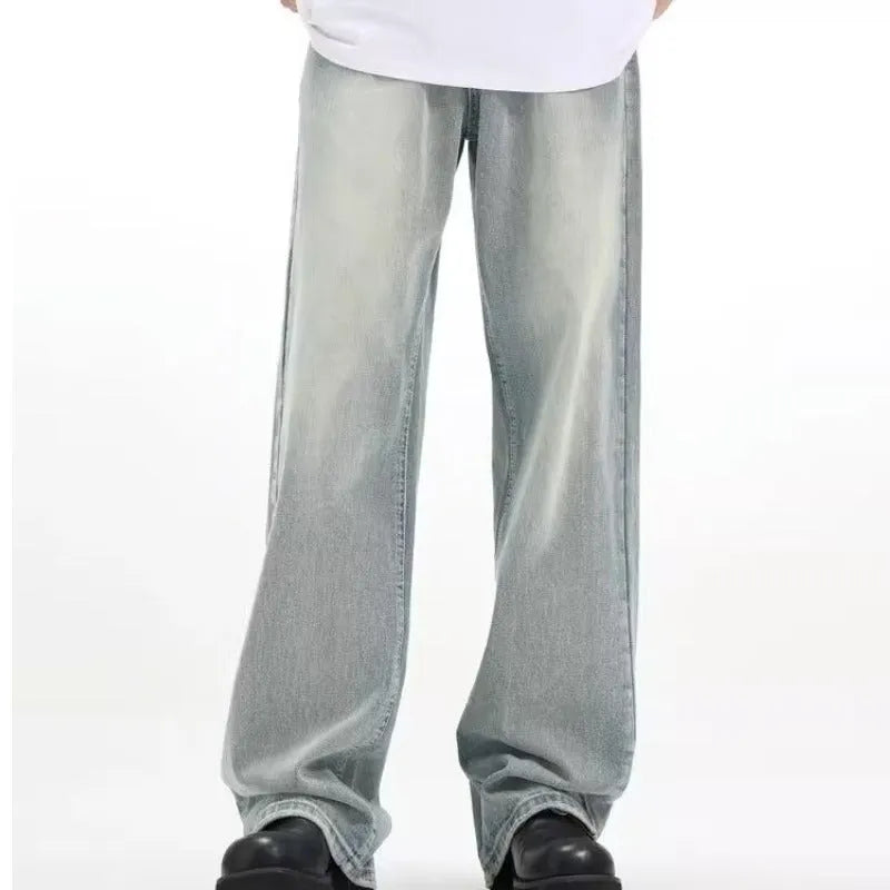 Blue retro-style loose casual trousers made of rabbit fur fabric on a hanger.