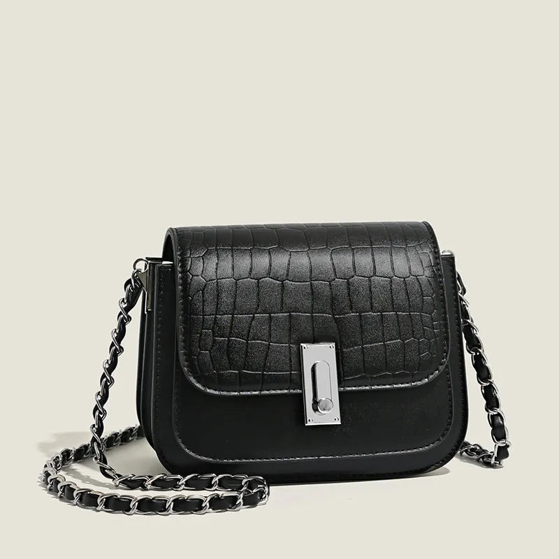 Women's soft PU chain shoulder bag in horizontal square shape with chain strap and sandwich pocket